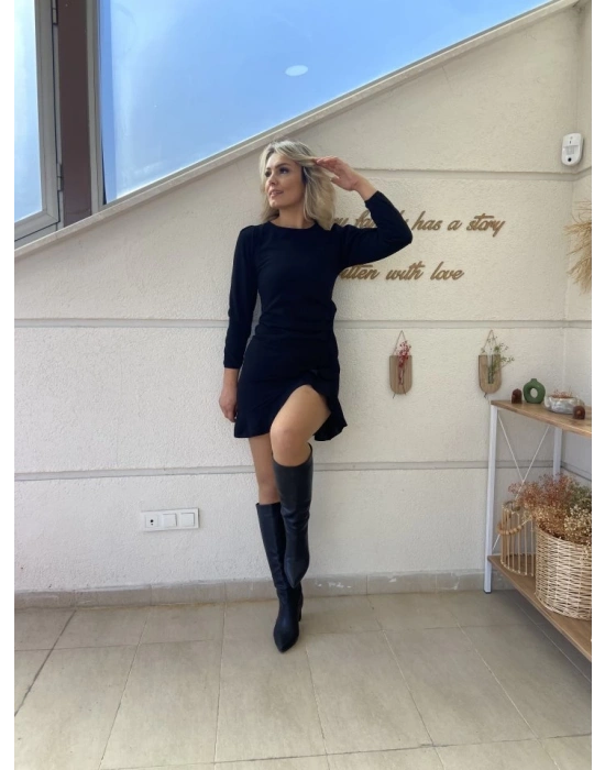 Kadın Uzun Kollu Bisiklet Yaka önden Volanlı Ithal Krep Elbise