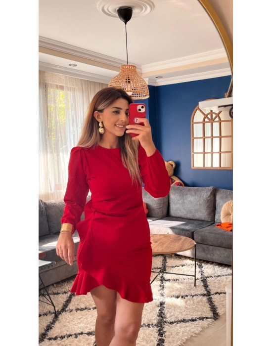 Kadın Uzun Kollu Bisiklet Yaka önden Volanlı Ithal Krep Elbise