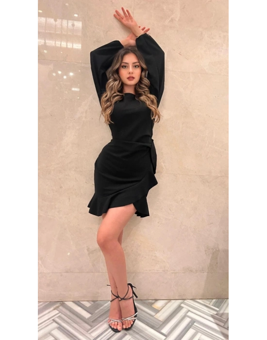 Kadın Uzun Kollu Bisiklet Yaka önden Volanlı Ithal Krep Elbise