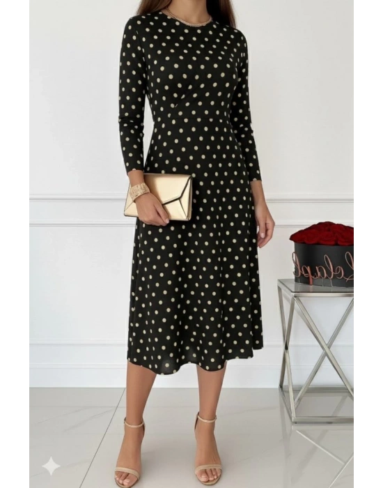 Kadın Uzun Kollu Bisiklet Yaka Puantiyeli örme Krep Midi Elbise