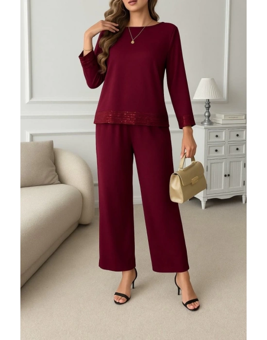 Kadın Uzun Kollu Bisiklet Yaka Pulpayetli Viskon Iki Iplik Bluz Ve Pantolon Ikili Takım