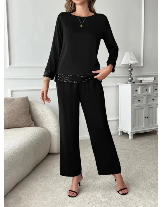 Kadın Uzun Kollu Bisiklet Yaka Pulpayetli Viskon Iki Iplik Bluz Ve Pantolon Ikili Takım