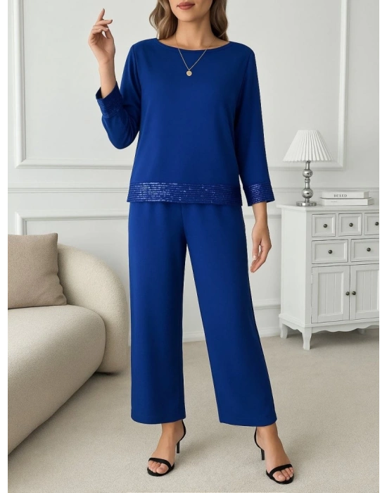 Kadın Uzun Kollu Bisiklet Yaka Pulpayetli Viskon Iki Iplik Bluz Ve Pantolon Ikili Takım