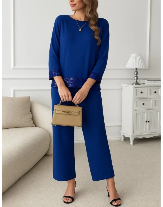 Kadın Uzun Kollu Bisiklet Yaka Pulpayetli Viskon Iki Iplik Bluz Ve Pantolon Ikili Takım