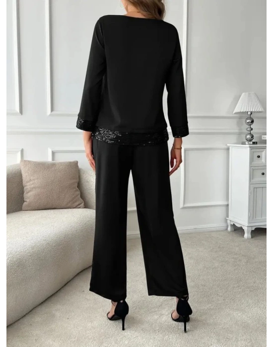 Kadın Uzun Kollu Bisiklet Yaka Pulpayetli Viskon Iki Iplik Bluz Ve Pantolon Ikili Takım