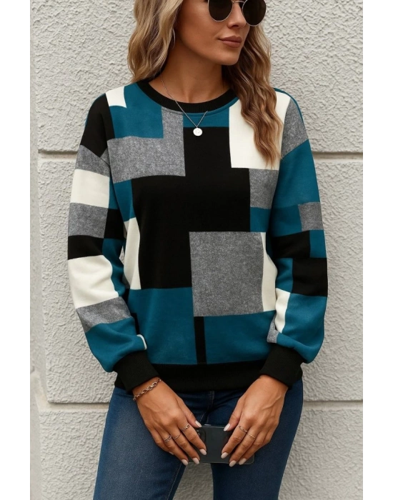 Kadın Uzun Kollu Bisiklet Yaka Renkli Blok Baskı Dalgıç Bluz