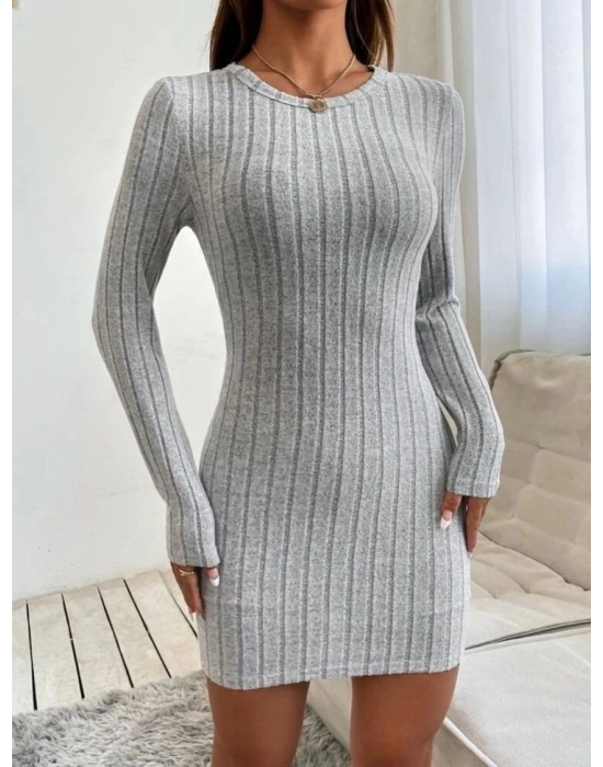 Kadın Uzun Kollu Bisiklet Yaka şardonlu Kalın Fitilli Kaşkorse Mini Boy Elbise