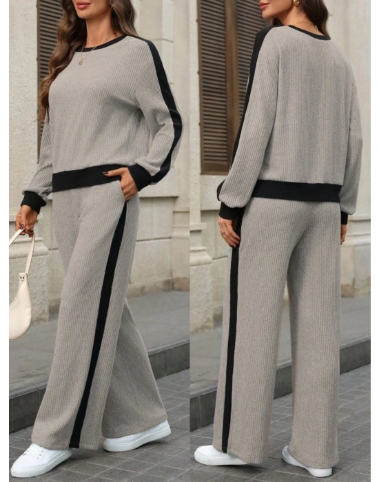 Kadın Uzun Kollu Bisiklet Yaka şardonlu Kaşkorse Bluz Ve Pantolon Ikili Takım