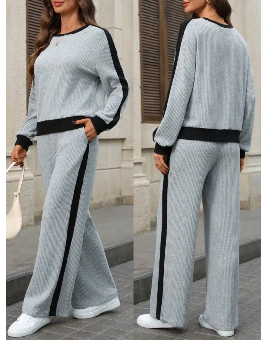 Kadın Uzun Kollu Bisiklet Yaka şardonlu Kaşkorse Bluz Ve Pantolon Ikili Takım