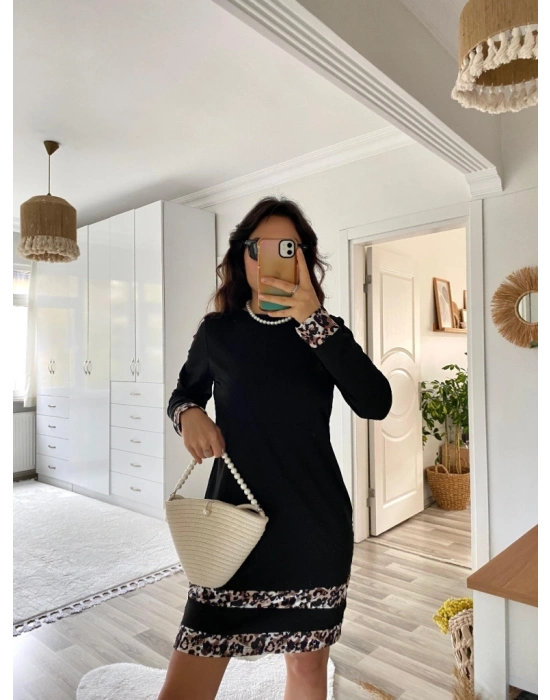 Kadın Uzun Kollu Bisiklet Yaka şerit Leopar Desenli Kısa Dalgıç Elbise