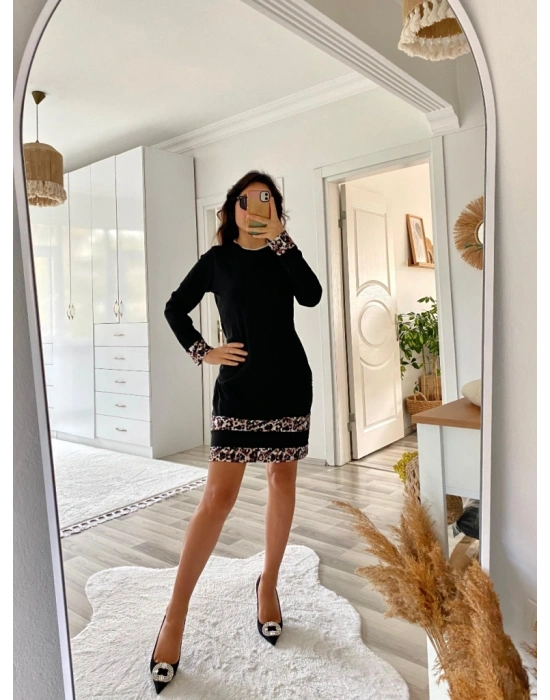 Kadın Uzun Kollu Bisiklet Yaka şerit Leopar Desenli Kısa Dalgıç Elbise