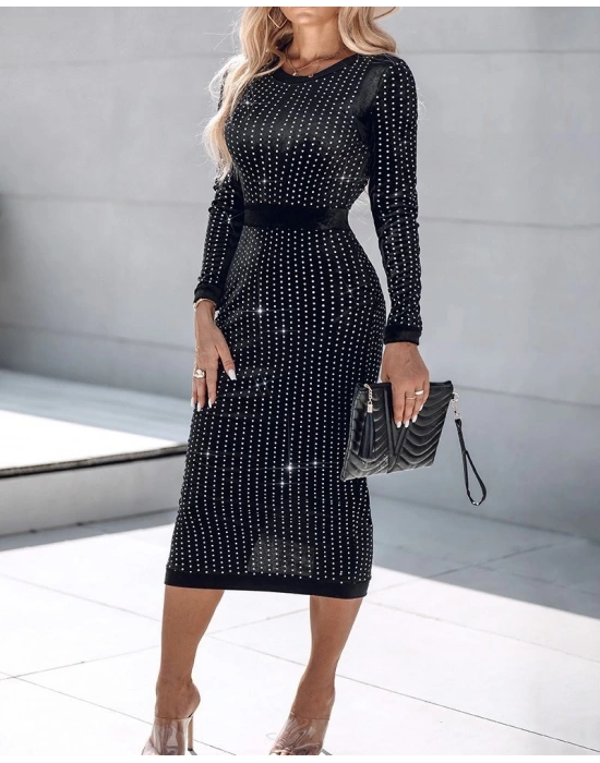 Kadın Uzun Kollu Bisiklet Yaka Taşlı Midi Kadife Elbise