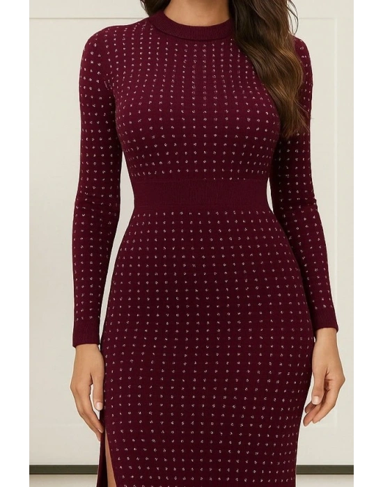 Kadın Uzun Kollu Bisiklet Yaka Taşlı Midi Kadife Elbise