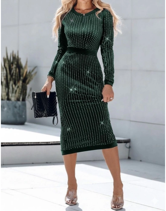 Kadın Uzun Kollu Bisiklet Yaka Taşlı Midi Kadife Elbise