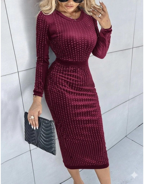 Kadın Uzun Kollu Bisiklet Yaka Taşlı Midi Kadife Elbise