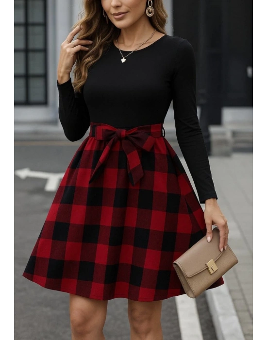 Kadın Uzun Kollu Bisiklet Yaka üst Viskon Alt Ekose Kısa Elbise