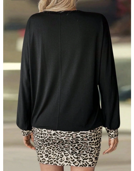 Kadın Uzun Kollu Bisiklet Yaka üst Viskon Iki Iplik Alt Leopar Desenli Mini Elbise