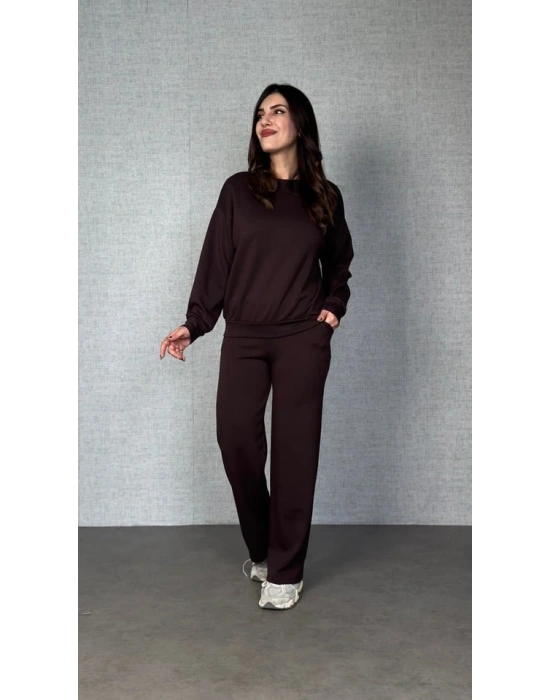 Kadın Uzun Kollu Bisiklet Yaka Viskon Iki Iplik Bluz Ve Pantolon Ikili Takım