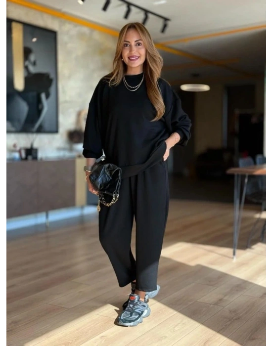 Kadın Uzun Kollu Bisiklet Yaka Viskon Iki Iplik Bluz Ve Pantolon Ikili Takım