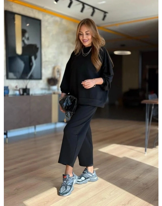 Kadın Uzun Kollu Bisiklet Yaka Viskon Iki Iplik Bluz Ve Pantolon Ikili Takım