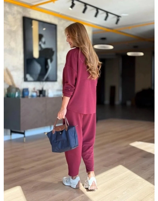 Kadın Uzun Kollu Bisiklet Yaka Viskon Iki Iplik Bluz Ve Pantolon Ikili Takım