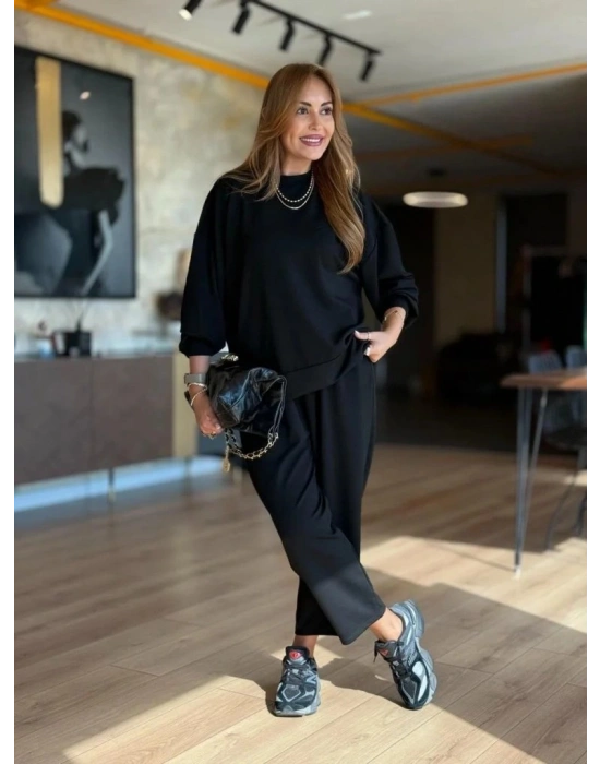 Kadın Uzun Kollu Bisiklet Yaka Viskon Iki Iplik Bluz Ve Pantolon Ikili Takım