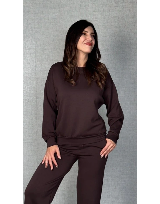 Kadın Uzun Kollu Bisiklet Yaka Viskon Iki Iplik Bluz Ve Pantolon Ikili Takım