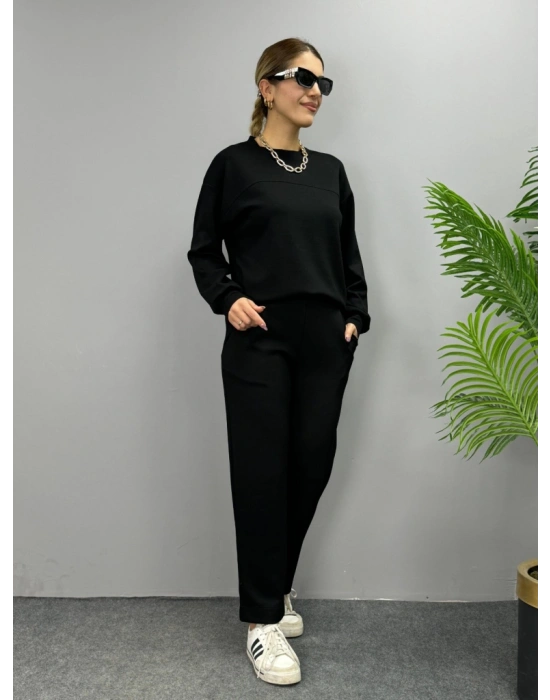 Kadın Uzun Kollu Bisiklet Yaka Viskon Iki Iplik Bluz Ve Pantolon Ikili Takım