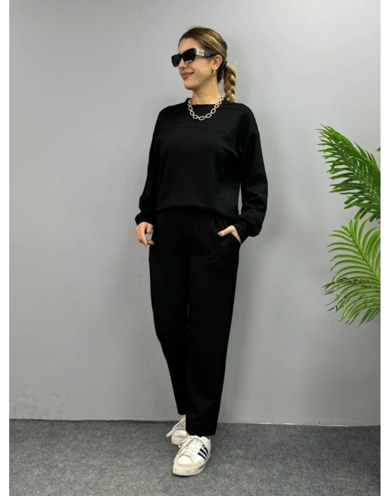 Kadın Uzun Kollu Bisiklet Yaka Viskon Iki Iplik Bluz Ve Pantolon Ikili Takım