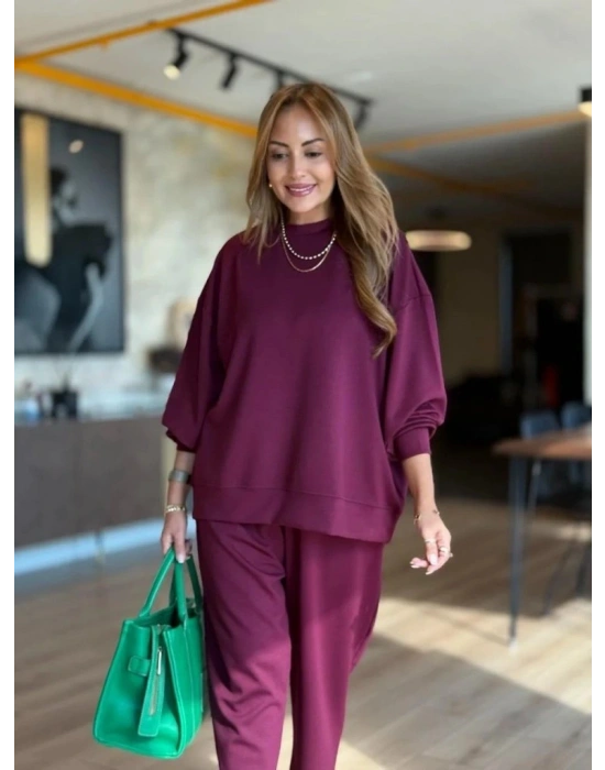 Kadın Uzun Kollu Bisiklet Yaka Viskon Iki Iplik Mor Bluz Ve Pantolon Ikili Takım