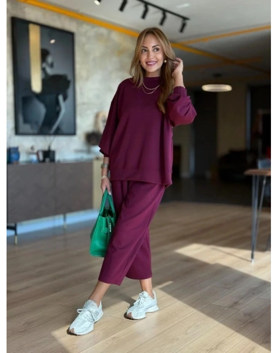 Kadın Uzun Kollu Bisiklet Yaka Viskon Iki Iplik Mor Bluz Ve Pantolon Ikili Takım