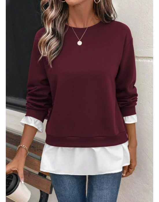 Kadın Uzun Kollu Bisiklet Yaka Viskon Iki Iplik Ve Etek Ucu Trikoton Bluz