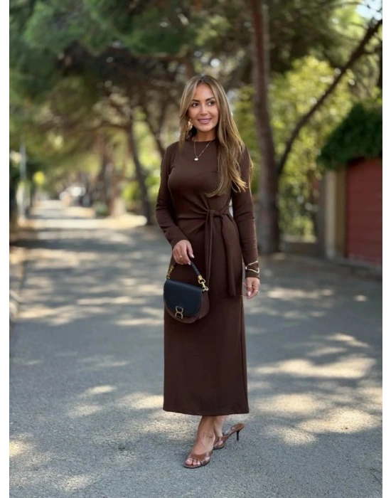 Kadın Uzun Kollu Bisiklet Yaka Yandan Bağlamalı Uzun Modal Elbise