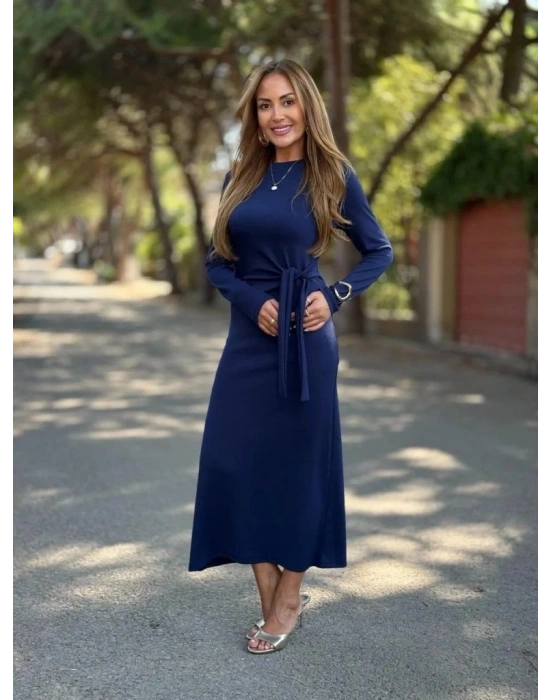 Kadın Uzun Kollu Bisiklet Yaka Yandan Bağlamalı Uzun Modal Elbise