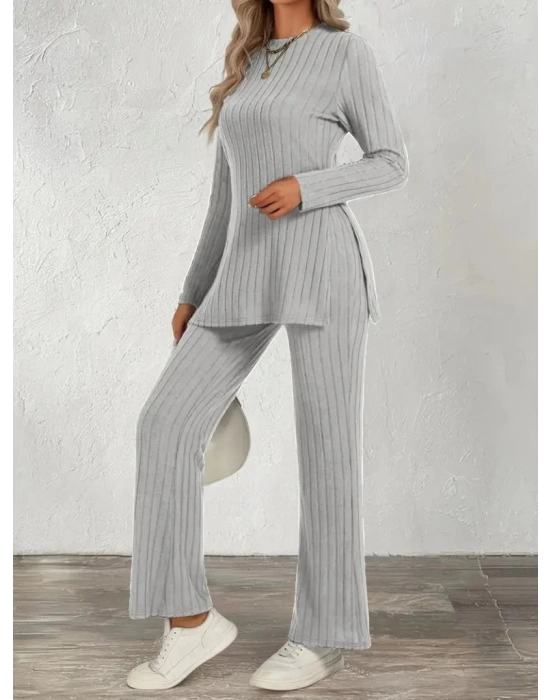 Kadın Uzun Kollu Bisiklet Yaka Yandan Yırtmaçlı şardonlu Kaşkorse Bluz Ve Pantolon Ikili Takım