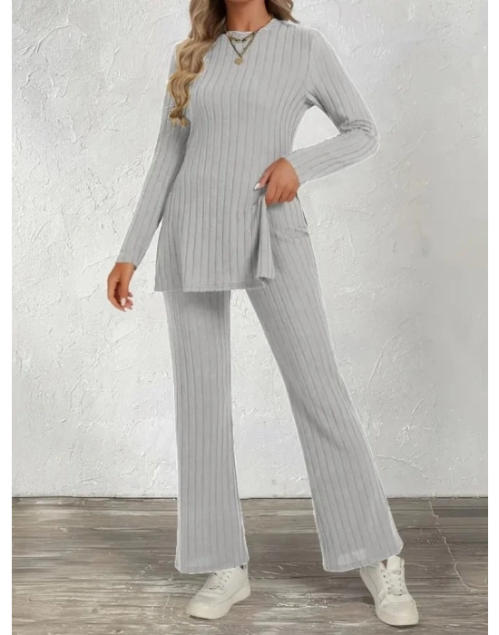 Kadın Uzun Kollu Bisiklet Yaka Yandan Yırtmaçlı şardonlu Kaşkorse Bluz Ve Pantolon Ikili Takım