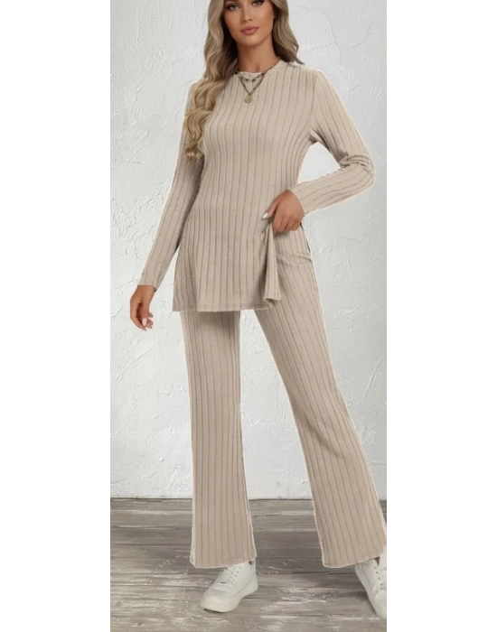 Kadın Uzun Kollu Bisiklet Yaka Yandan Yırtmaçlı şardonlu Kaşkorse Bluz Ve Pantolon Ikili Takım