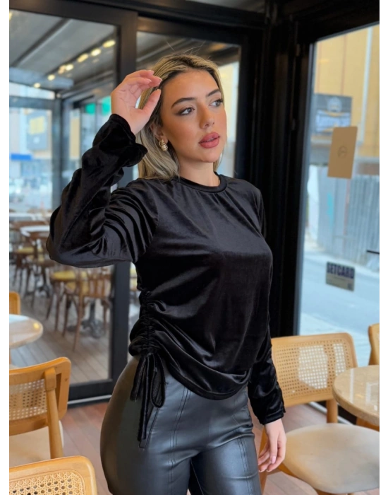 Kadın Uzun Kollu Bisiklet Yaka Yanları Ve Kolları Büzgülü Kadife Bluz