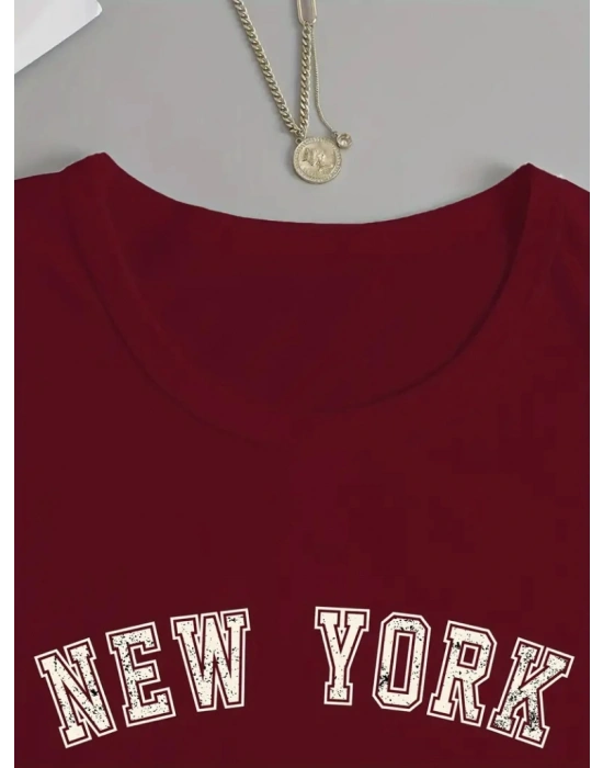 Kadın Uzun Kollu Bisiklet Yaka Yazı Baskılı Viskon Bluz