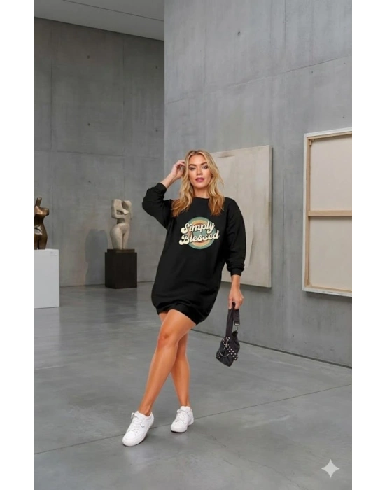 Kadın Uzun Kollu Bisiklet Yaka Yazılı Viskon Iki Iplik Elbise