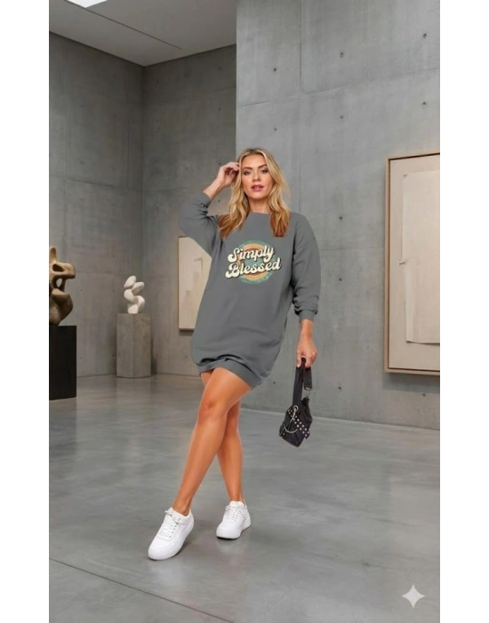 Kadın Uzun Kollu Bisiklet Yaka Yazılı Viskon Iki Iplik Elbise