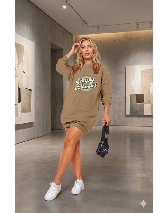 Kadın Uzun Kollu Bisiklet Yaka Yazılı Viskon Iki Iplik Elbise