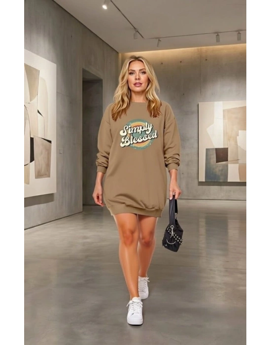 Kadın Uzun Kollu Bisiklet Yaka Yazılı Viskon Iki Iplik Elbise