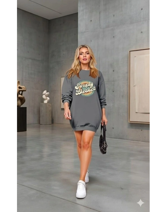 Kadın Uzun Kollu Bisiklet Yaka Yazılı Viskon Iki Iplik Elbise