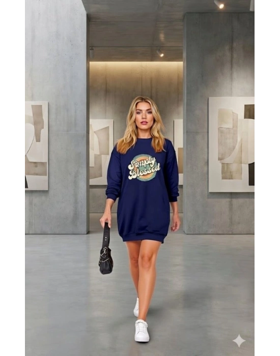 Kadın Uzun Kollu Bisiklet Yaka Yazılı Viskon Iki Iplik Elbise