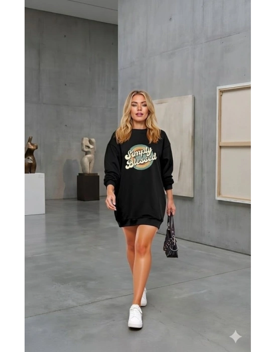 Kadın Uzun Kollu Bisiklet Yaka Yazılı Viskon Iki Iplik Elbise