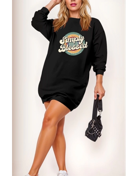 Kadın Uzun Kollu Bisiklet Yaka Yazılı Viskon Iki Iplik Elbise