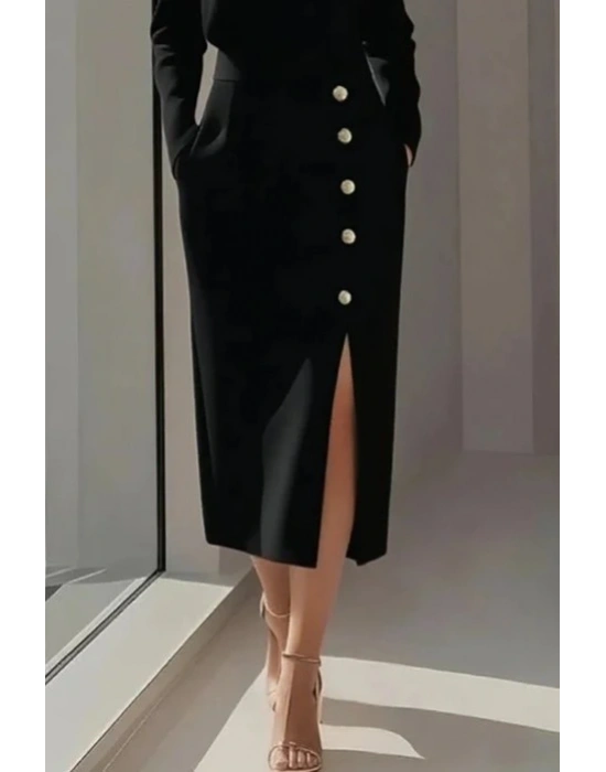 Kadın Uzun Kollu Bisiklet Yakalı Yandan Yırtmaçlı Düğmeli Midi Ithal Krep Elbise