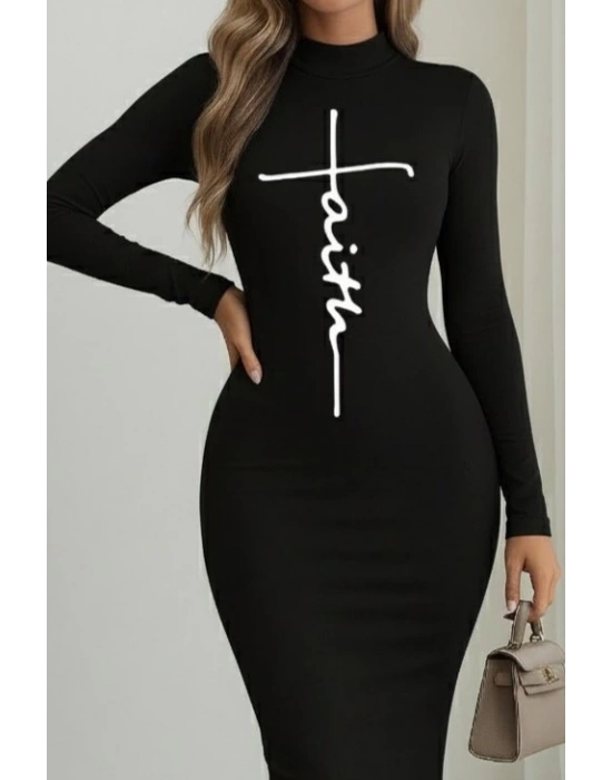 Kadın Uzun Kollu Boğazlı Baskı Detaylı Viskon Tam Boy Elbise