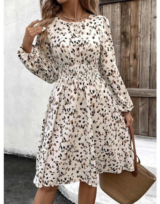 Kadın Uzun Kollu Bot Yaka Beli Lastikli Midi Süprem Elbise